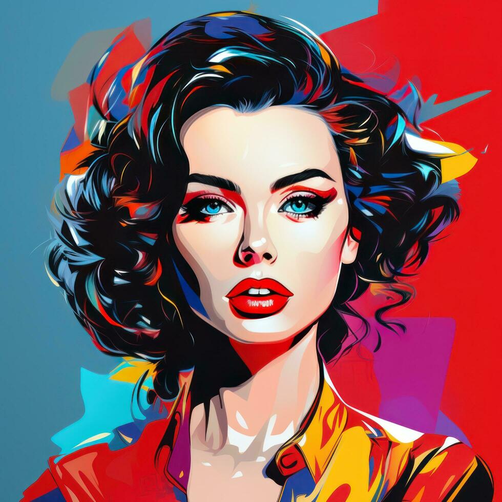 photo od beautifil woman with red lips on vivid background in pop art style