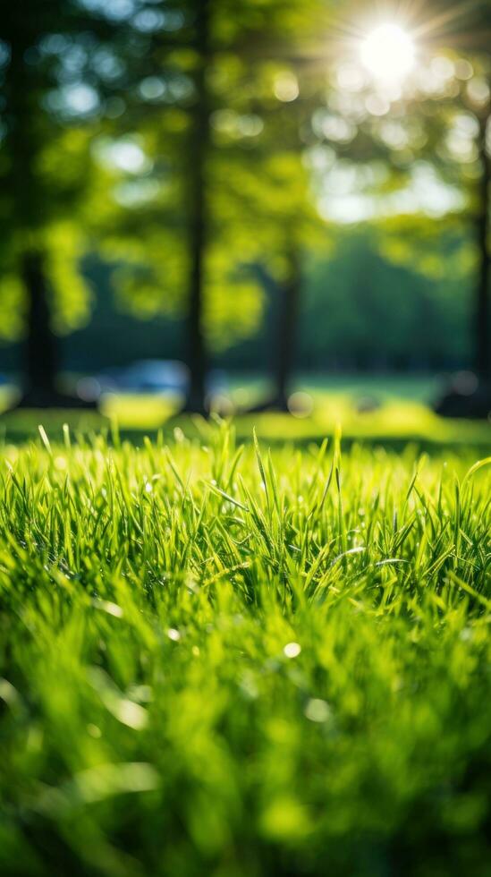 Soft focus grass in field with trees in background photo