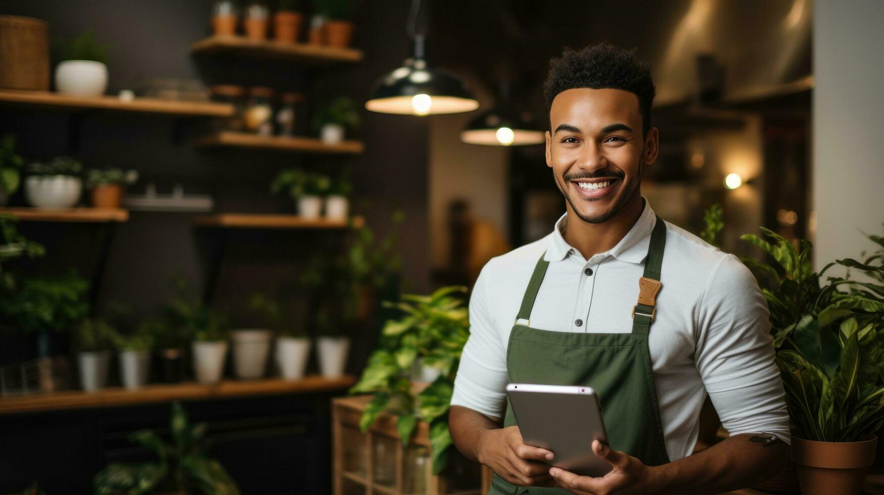 Smiling female entrepreneur holding tablet in her coffee photo