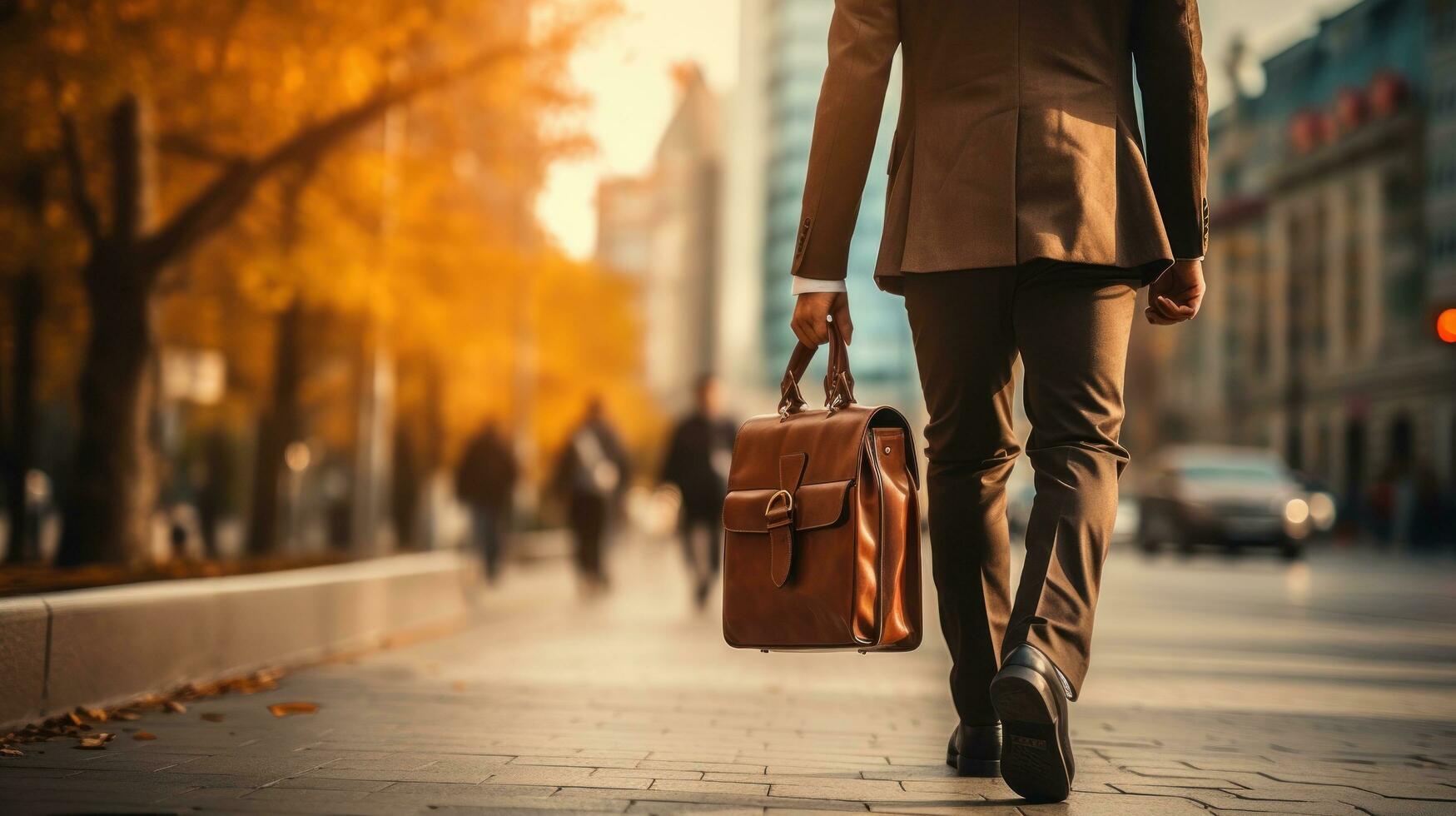 Businessman walking down busy city street with briefcase photo