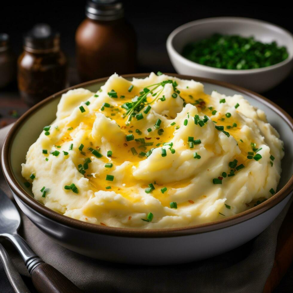 Creamy mashed potatoes with melted butter and chives photo