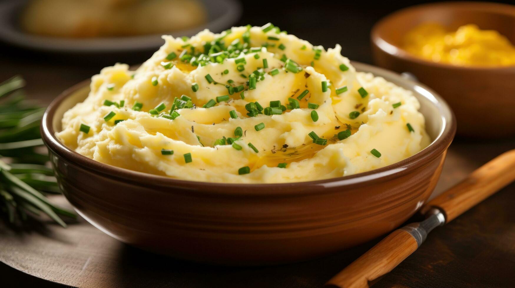 Creamy mashed potatoes with melted butter and chives photo