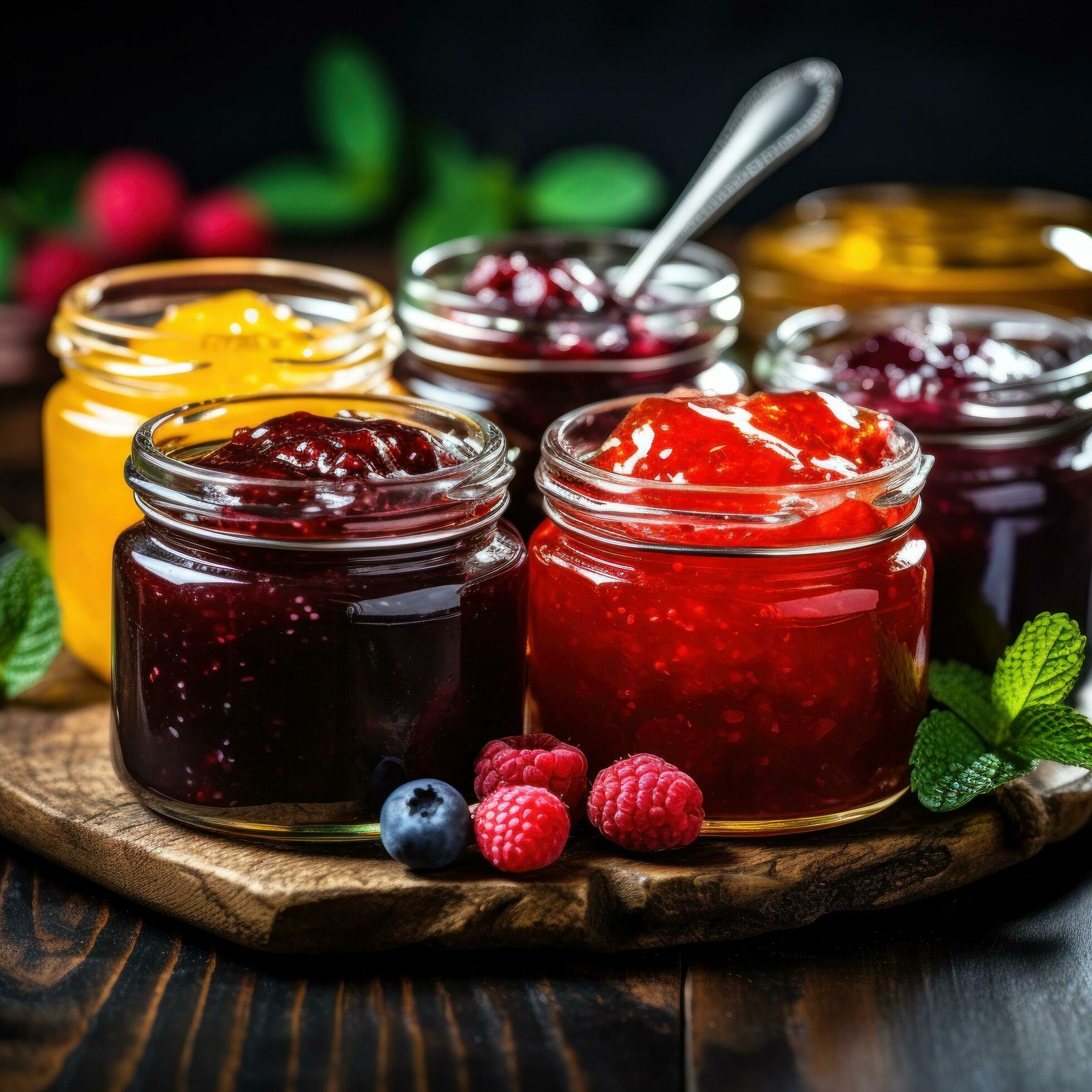 Assorted fruit preserves in glass jars with vintage spoons 30249060