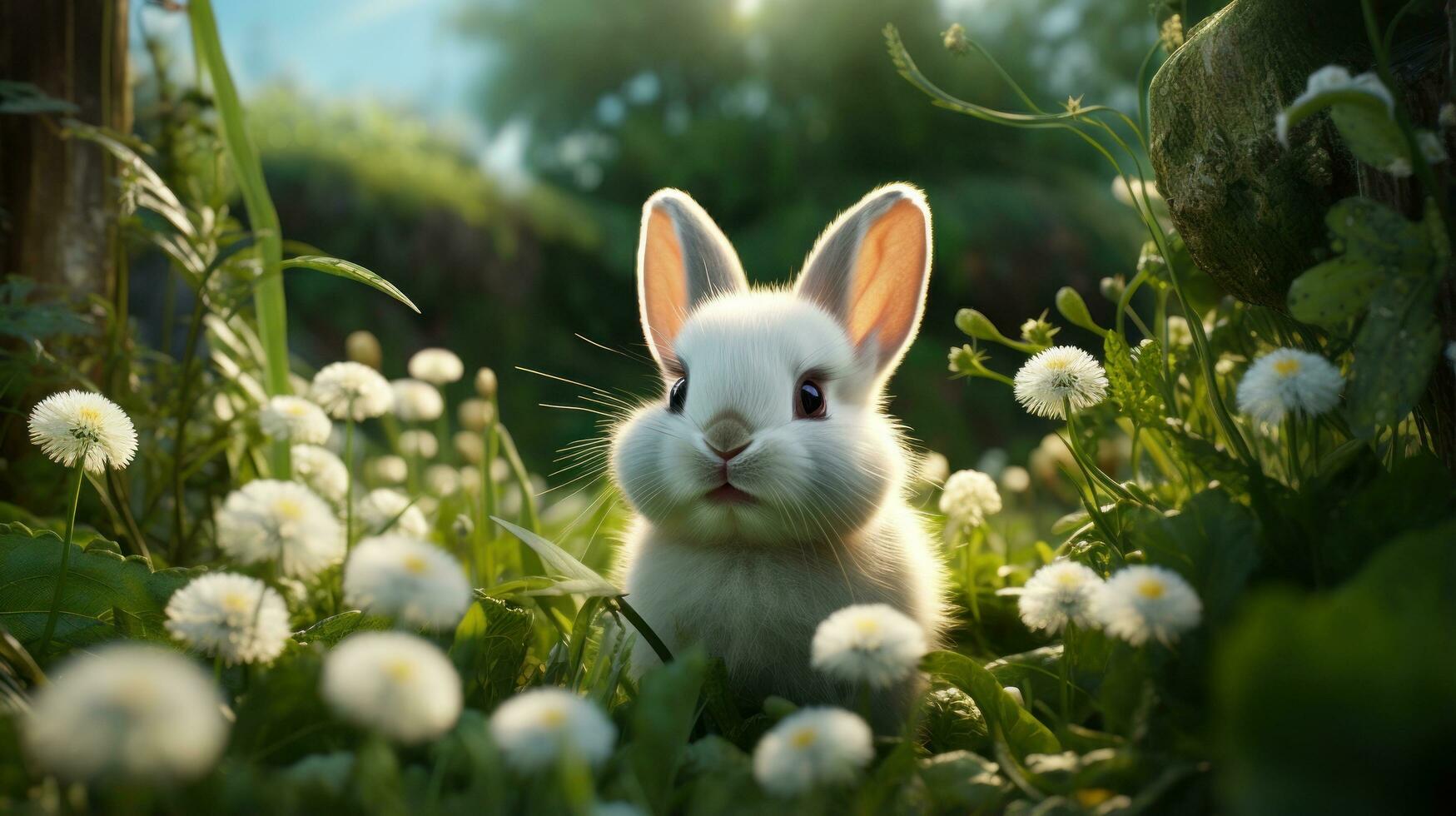 A bunny is lying in a lush meadow surrounded by green grass, with white eggs scattered around photo
