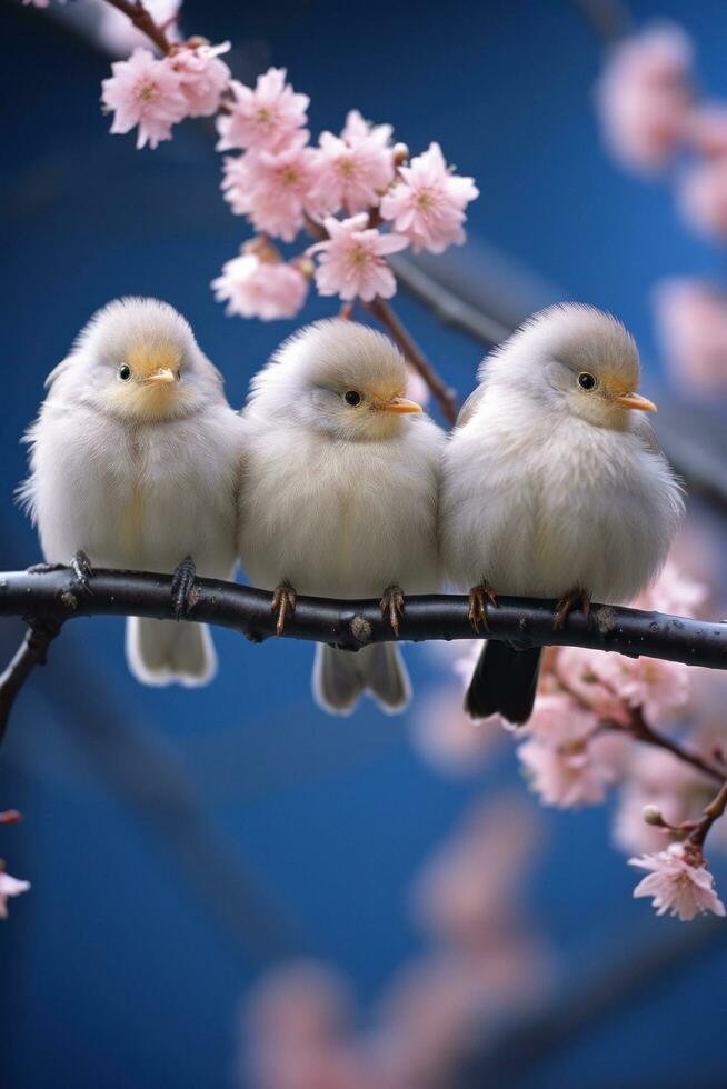 A trio of birds perched on a branch adorned with delicate pink flowers Kodak Portra 400 , large copyspace area, offcenter composition photo