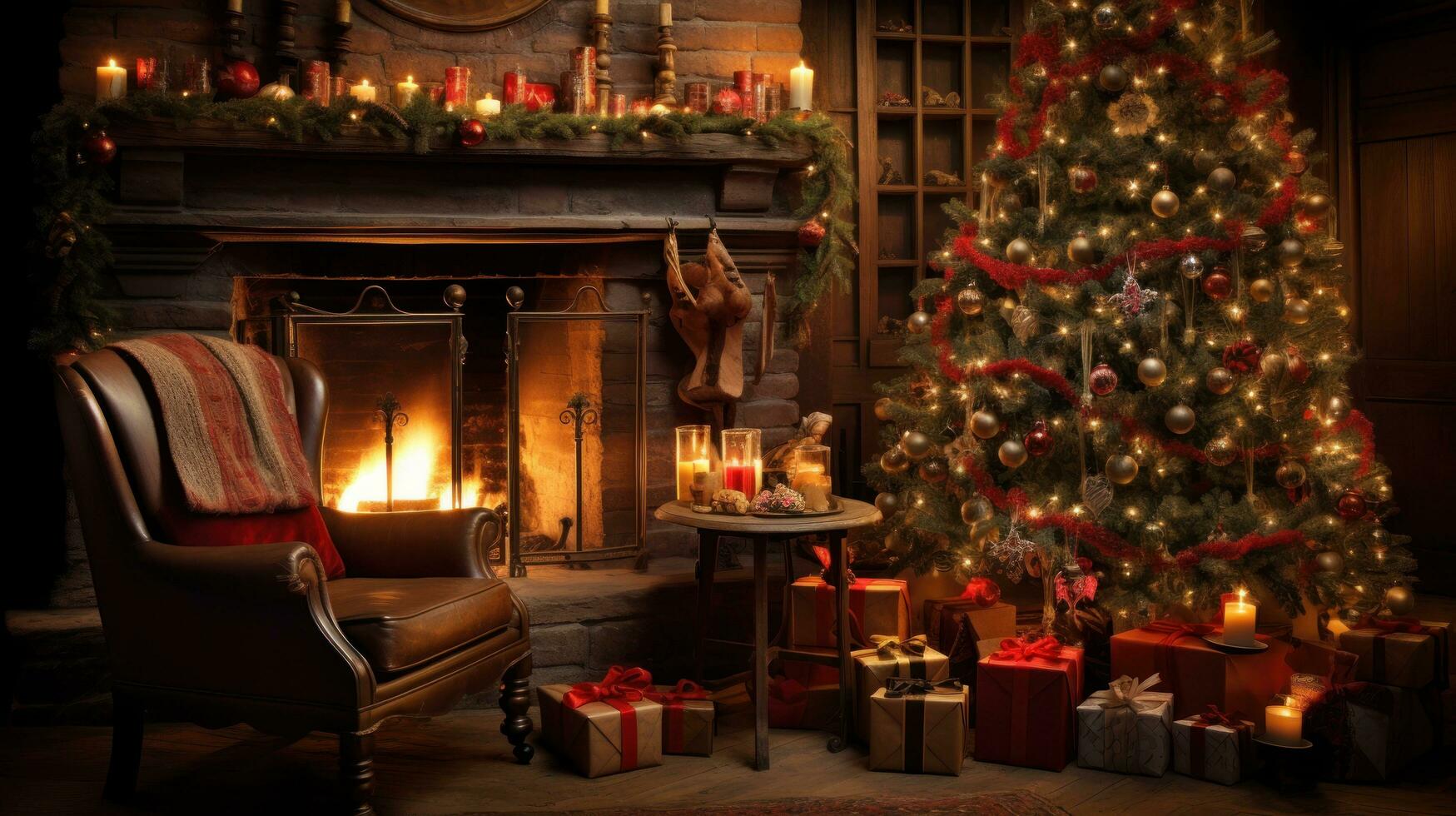 Christmas Scene Imagine a warm and inviting holiday setting with a beautifully decorated Christmas tree surrounded by presents, a comfortable rocking chair, and a crackling fireplace. photo