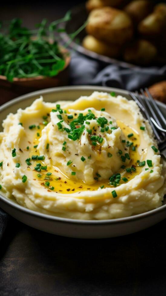 cremoso machacado patatas con Derretido mantequilla y cebollín foto