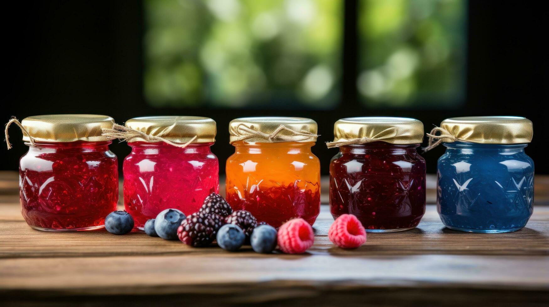 Colorful jars of homemade jam on rustic wooden table photo