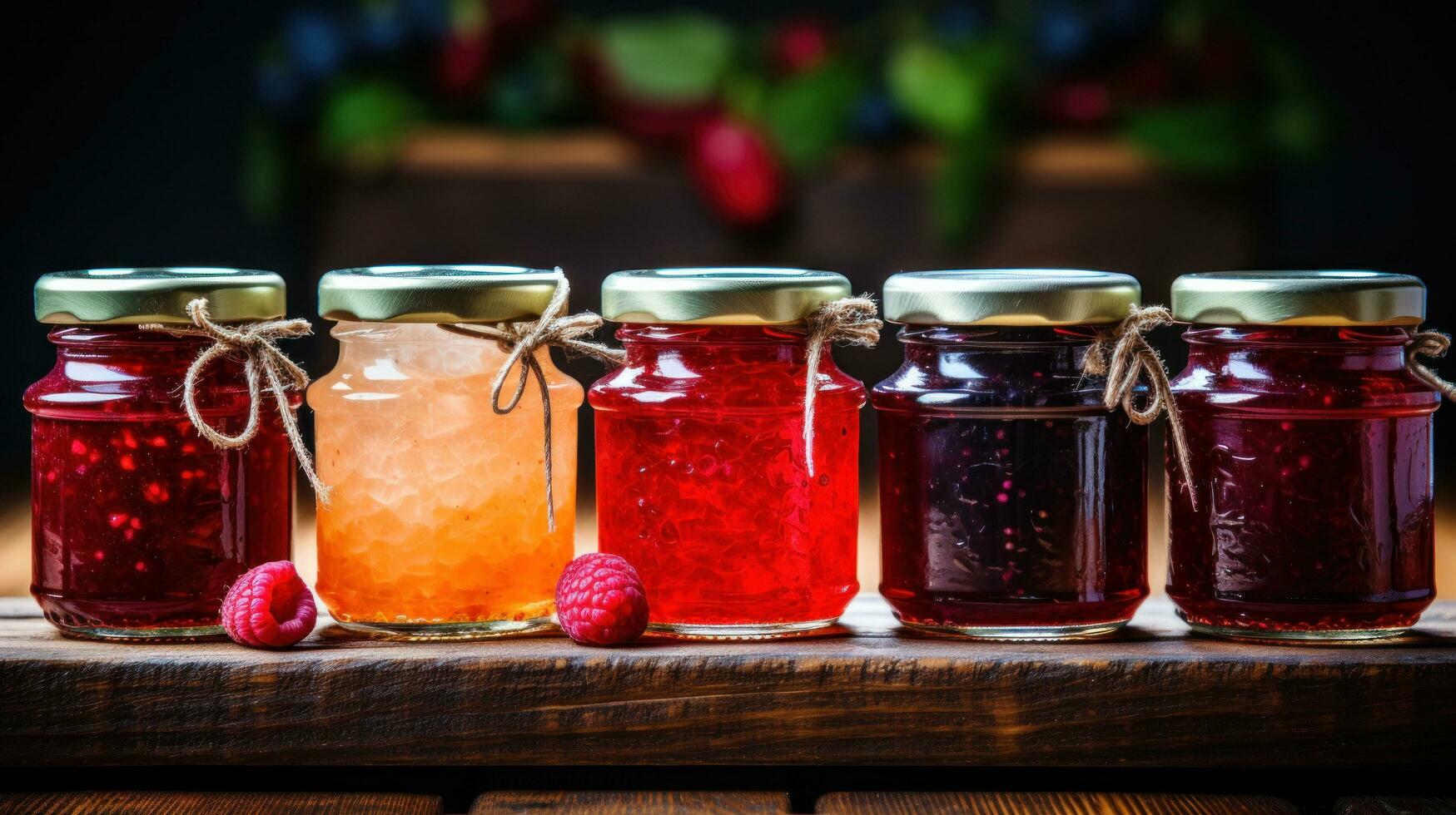 Colorful jars of homemade jam on rustic wooden table photo