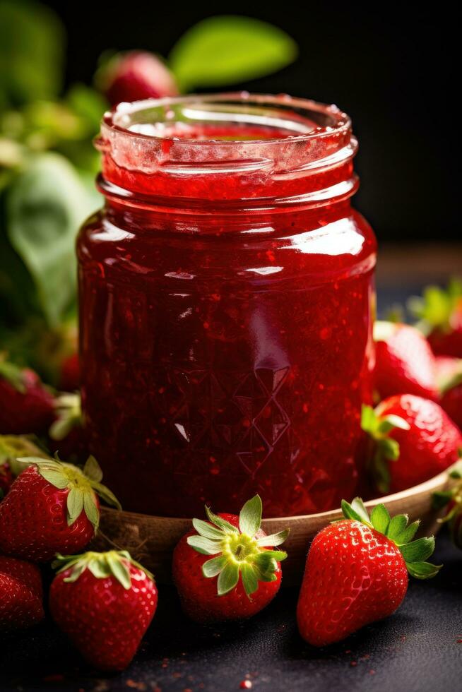 Close-up of homemade strawberry jam in a glass jar photo
