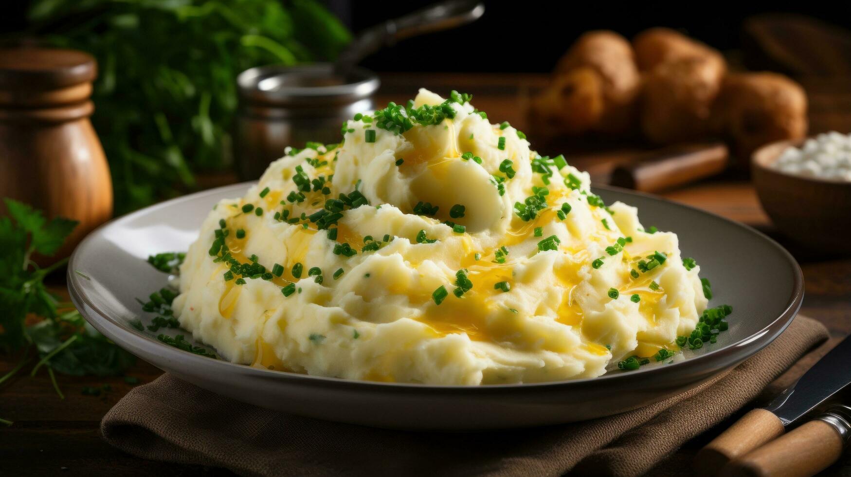 cremoso machacado patatas con Derretido mantequilla y cebollín foto