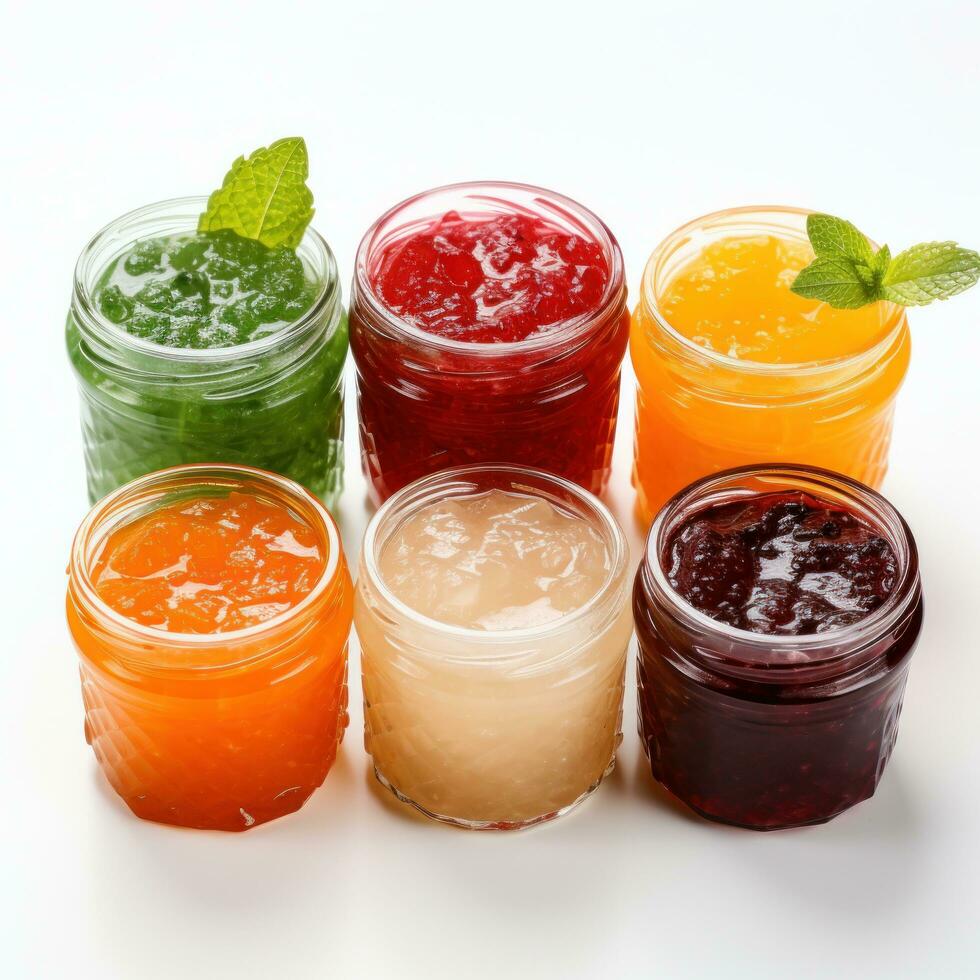 Variety of fruit jams and jellies on a white background photo