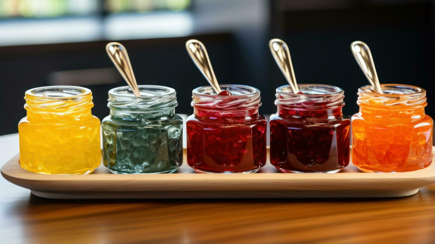 Assorted fruit preserves in glass jars with vintage spoons photo