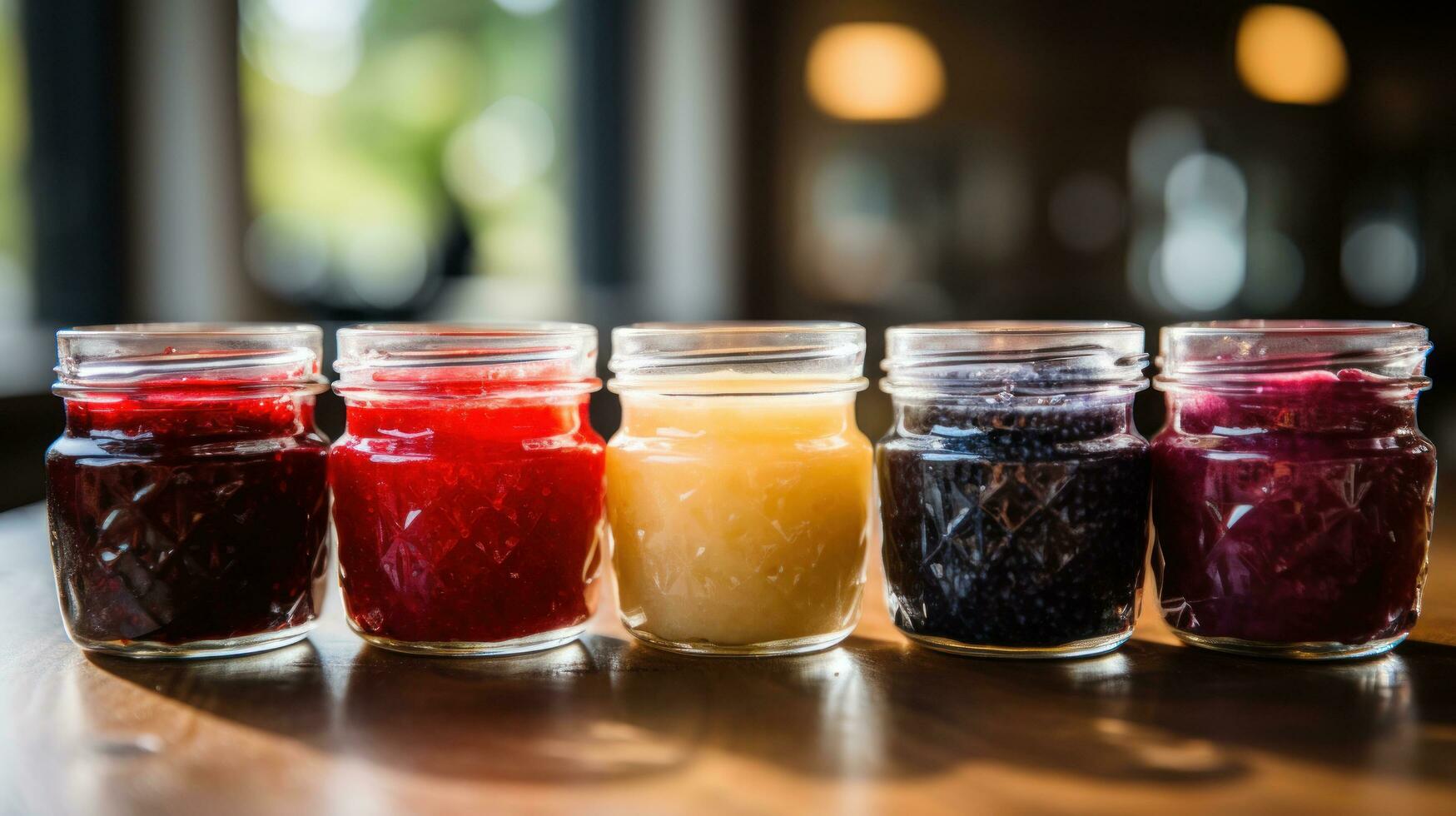 Assorted berry jams and spreads in mini mason jars. photo