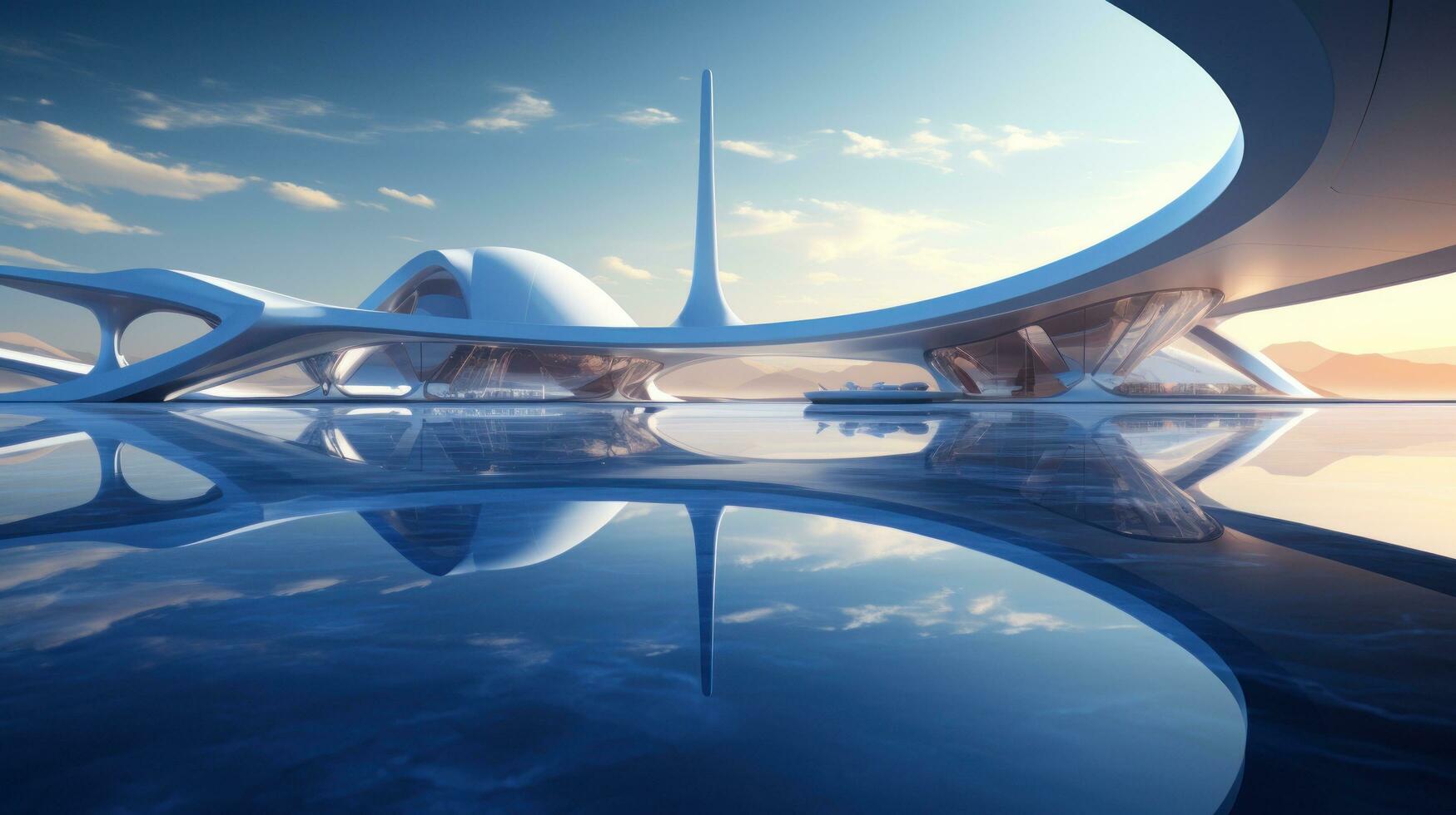 Visualizing Futuristic Architecture with an Abstract 3D Render Check out this 3D render of a stunning futuristic glass architecture. The concrete floor is left empty, leaving plenty to the imagination photo