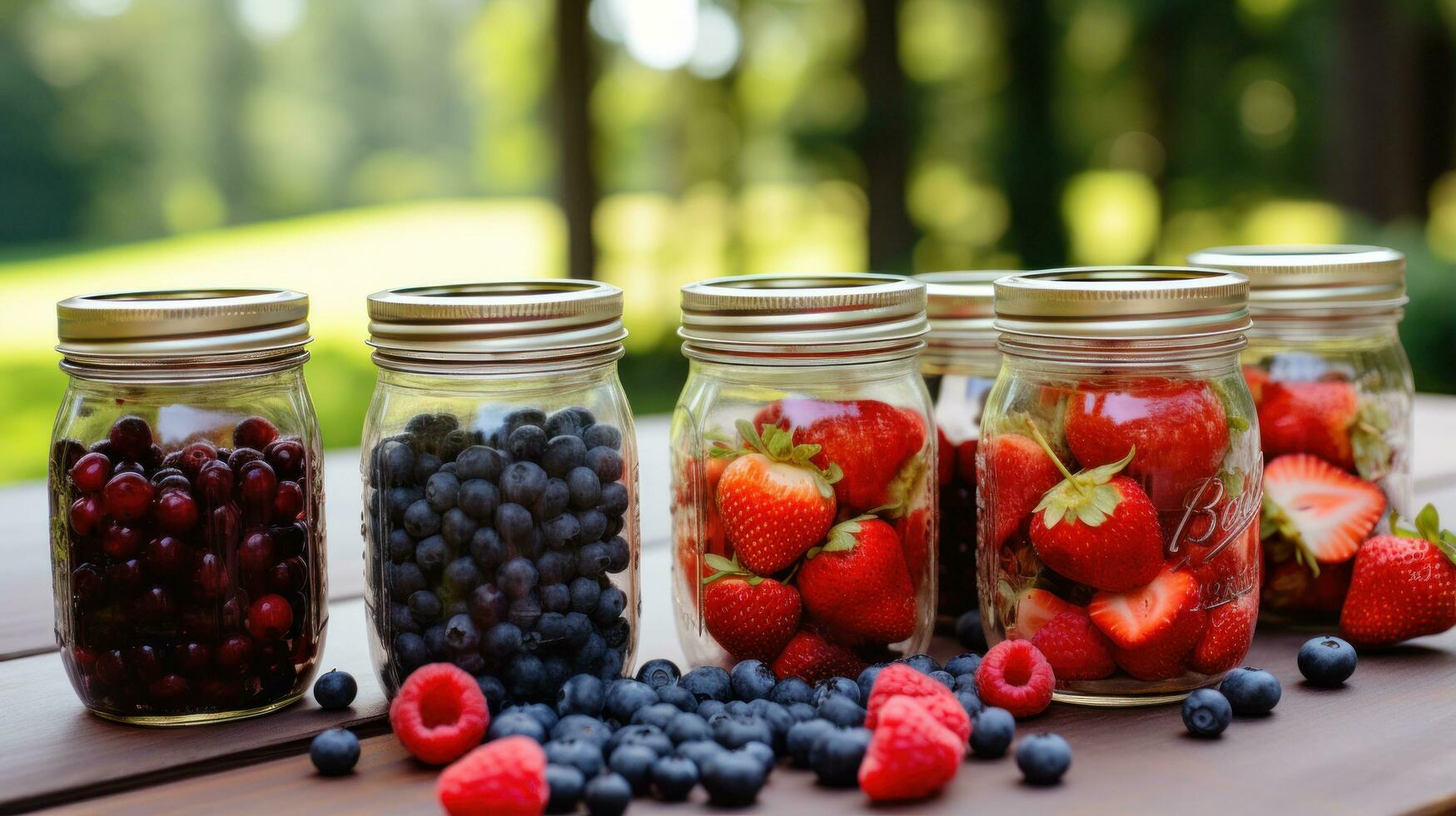 Freshly picked berries in jars with handwritten labels photo