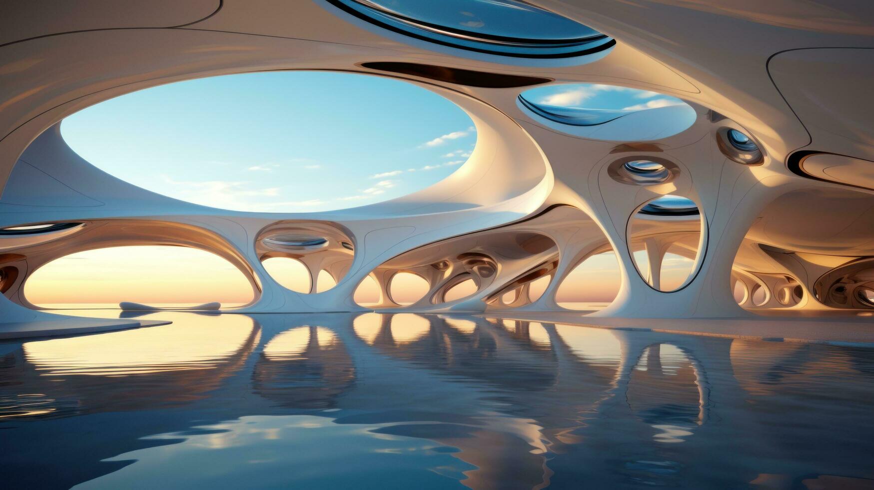 Visualizing Futuristic Architecture with an Abstract 3D Render Check out this 3D render of a stunning futuristic glass architecture. The concrete floor is left empty, leaving plenty to the imagination photo