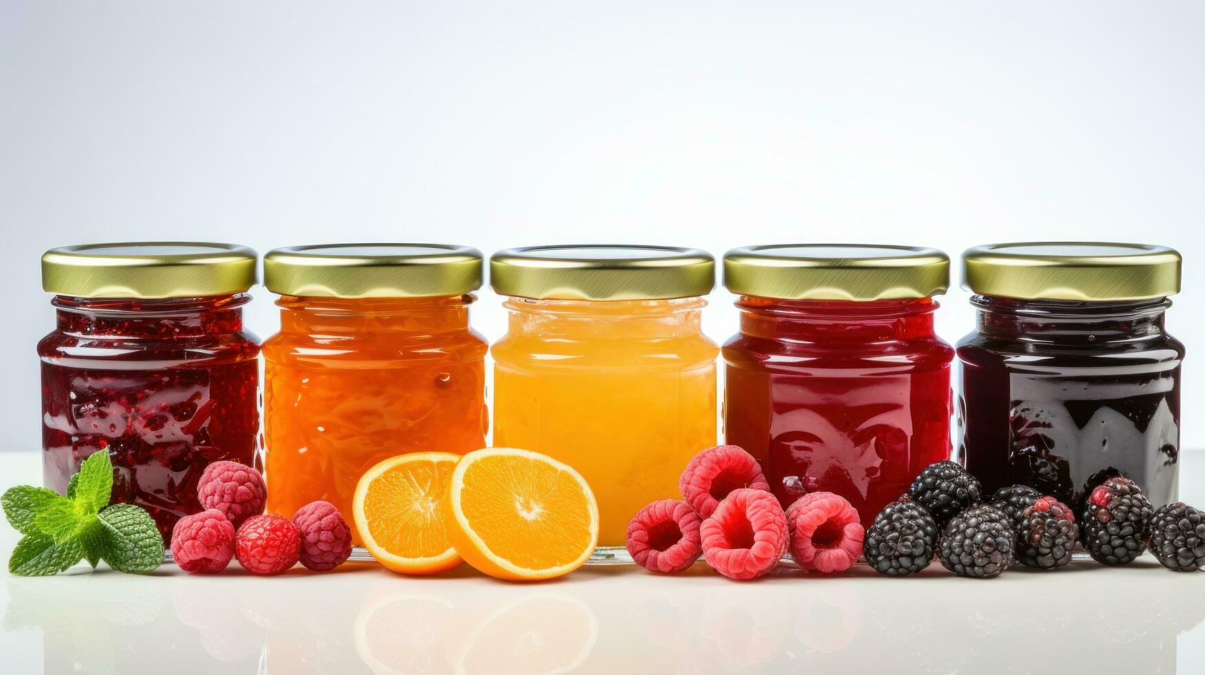 Variety of fruit jams and jellies on a white background photo