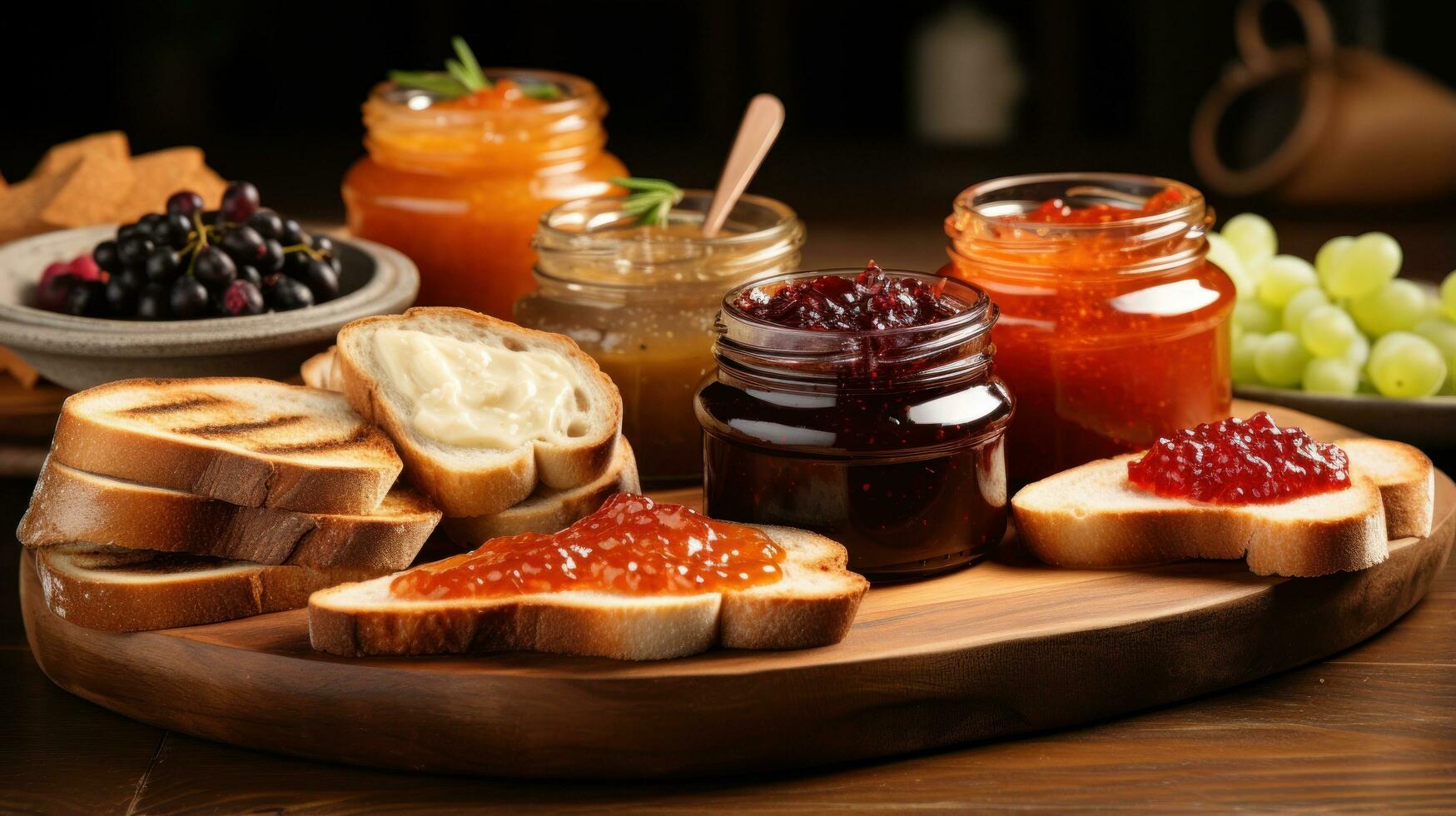 Spread of fruit jams and honey on rustic bread slices photo