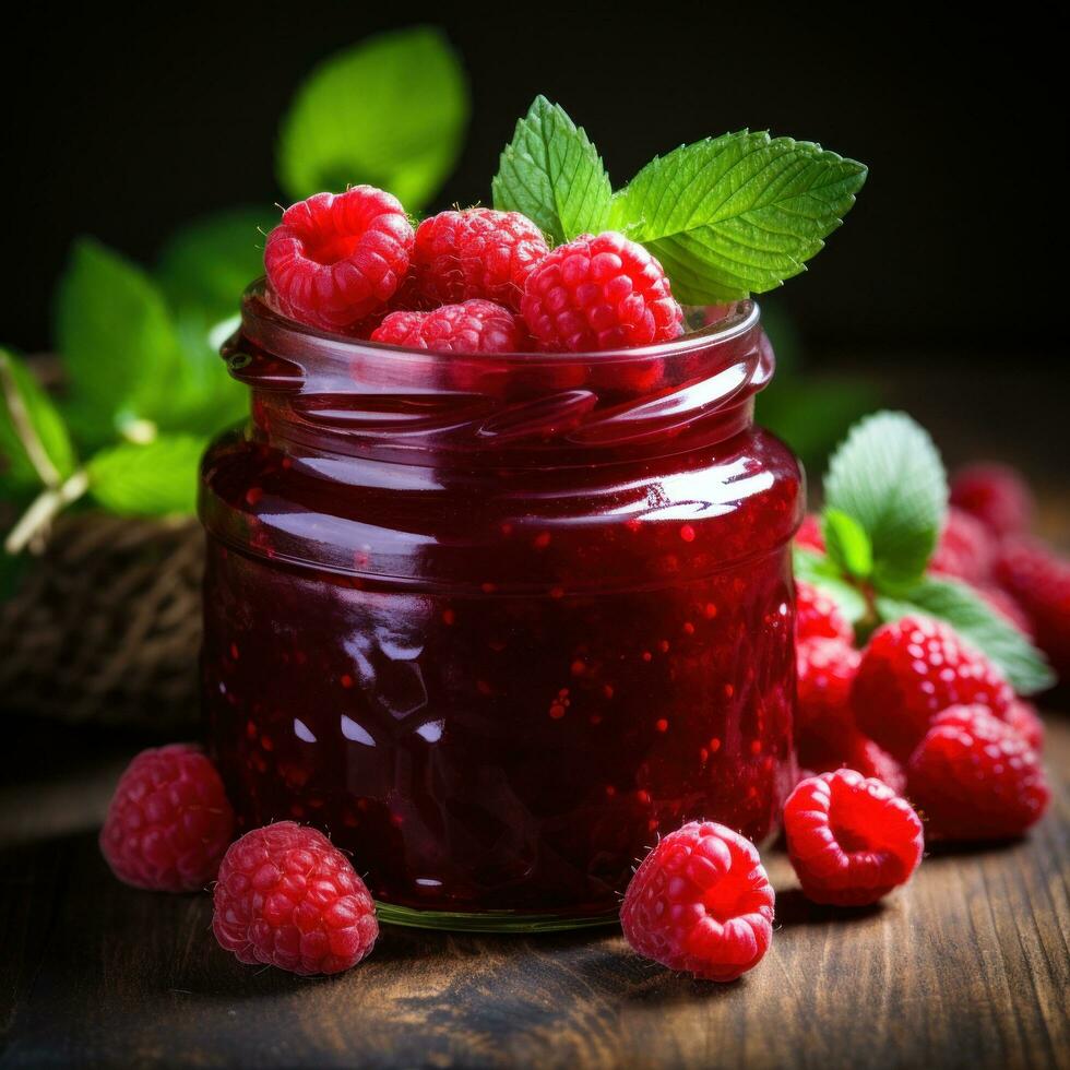 Homemade raspberry jam in a glass jar with fresh berries photo