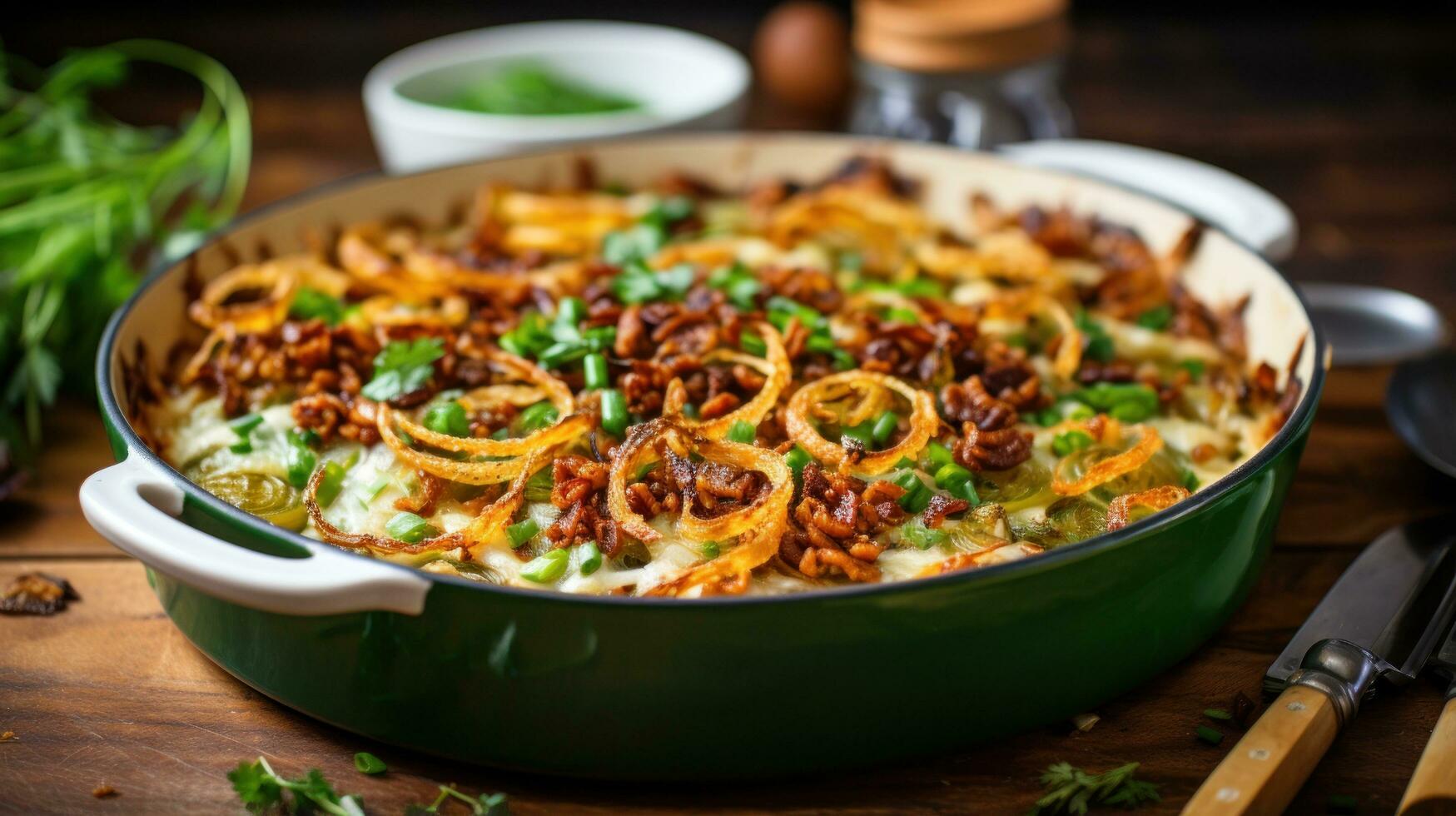 Decadent green bean casserole with crispy onions on top photo