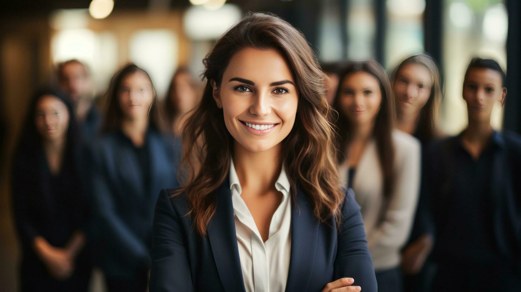 Confident businesswoman standing in front of her team photo