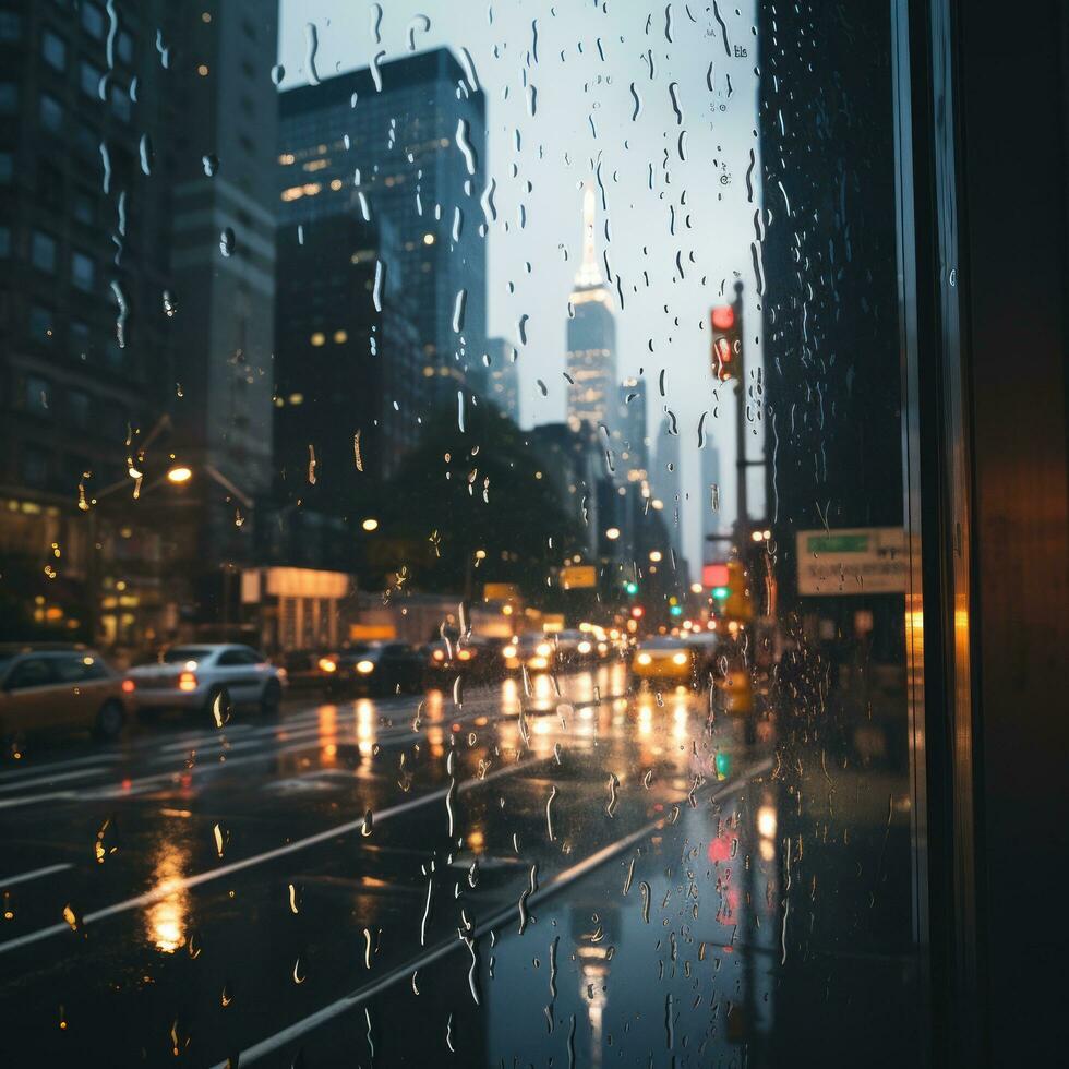 gotas de lluvia en ventana con borroso paisaje urbano en antecedentes foto