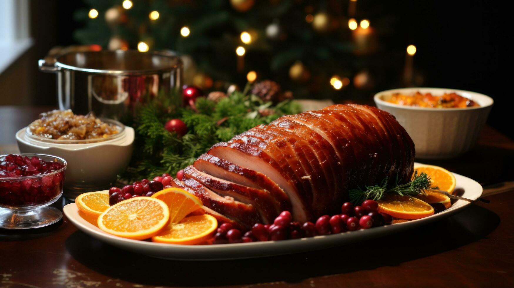 Festive ham glazed with sweet and savory flavors photo