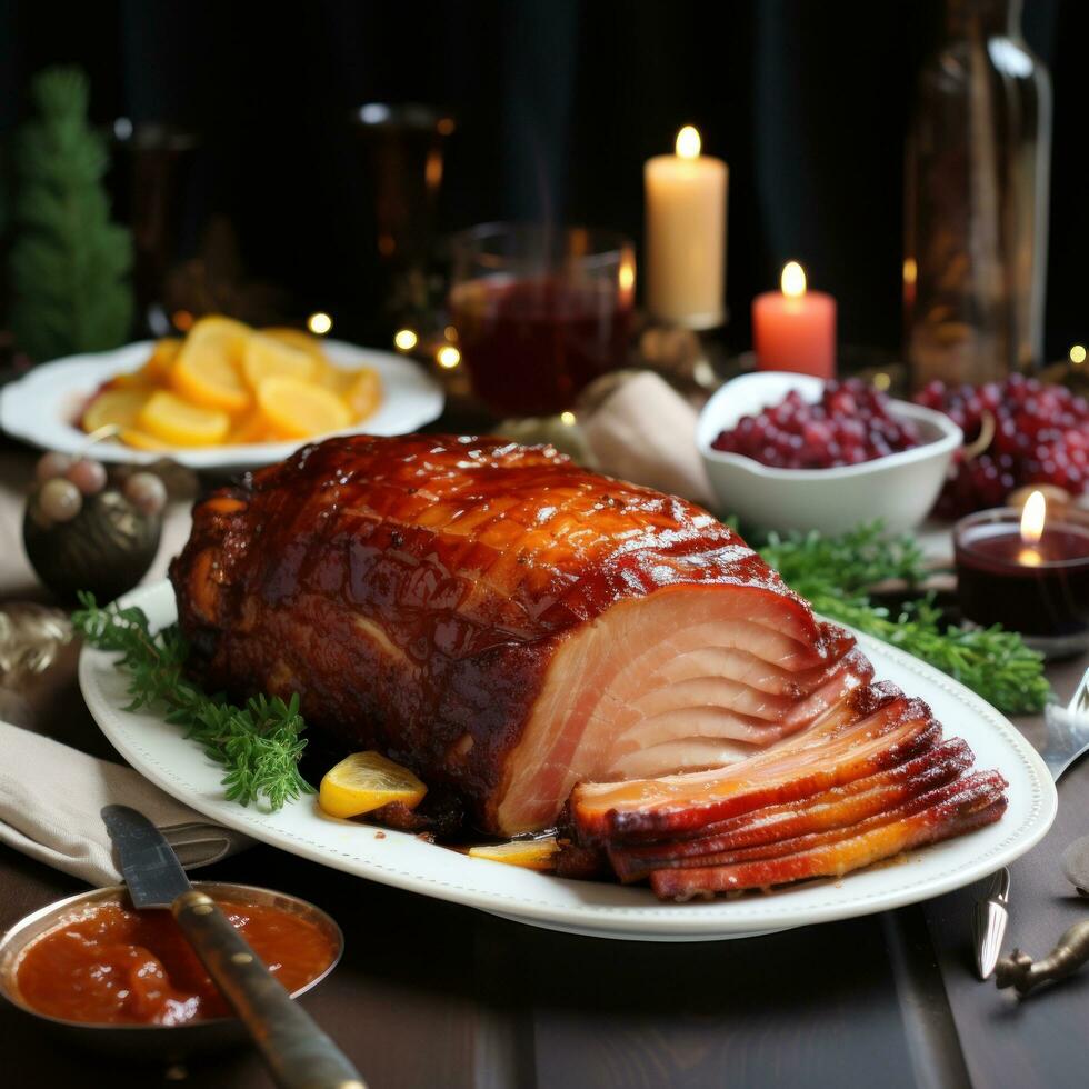 Festive ham glazed with sweet and savory flavors photo