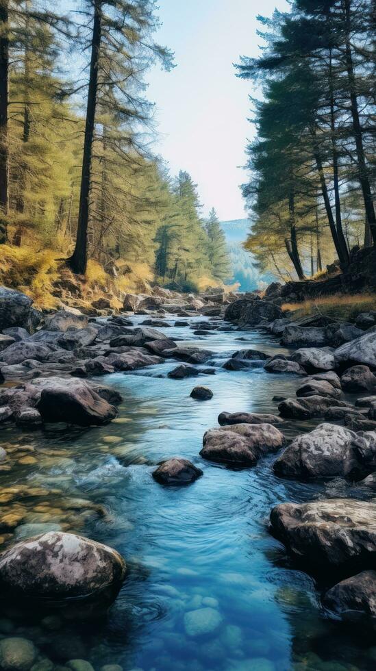 borroso río con rocas y arboles en primer plano foto