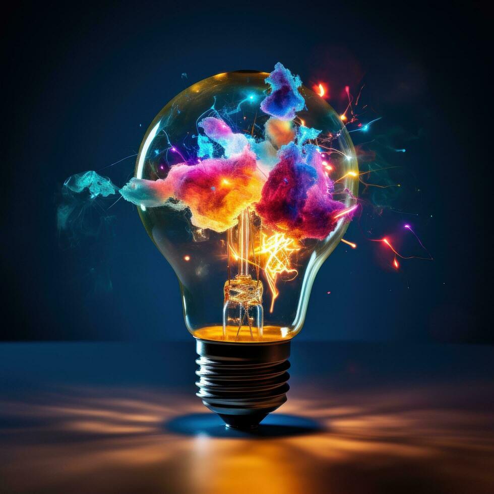 Exploding Colorful Light Bulb Represents New Ideas and Brainstorming Concepts photo