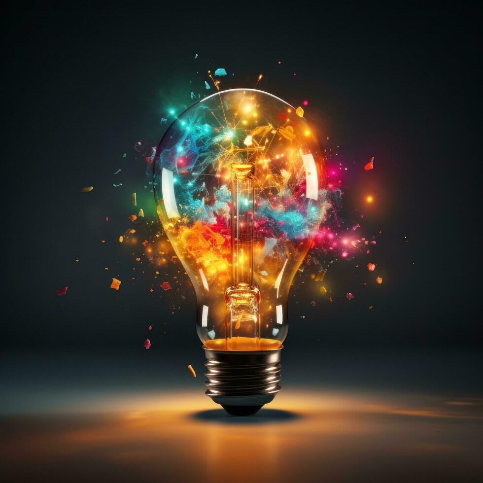 Exploding Colorful Light Bulb Represents New Ideas and Brainstorming Concepts photo