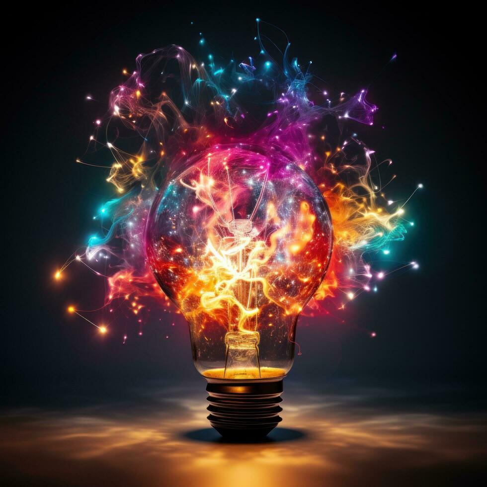 Exploding Colorful Light Bulb Represents New Ideas and Brainstorming Concepts photo