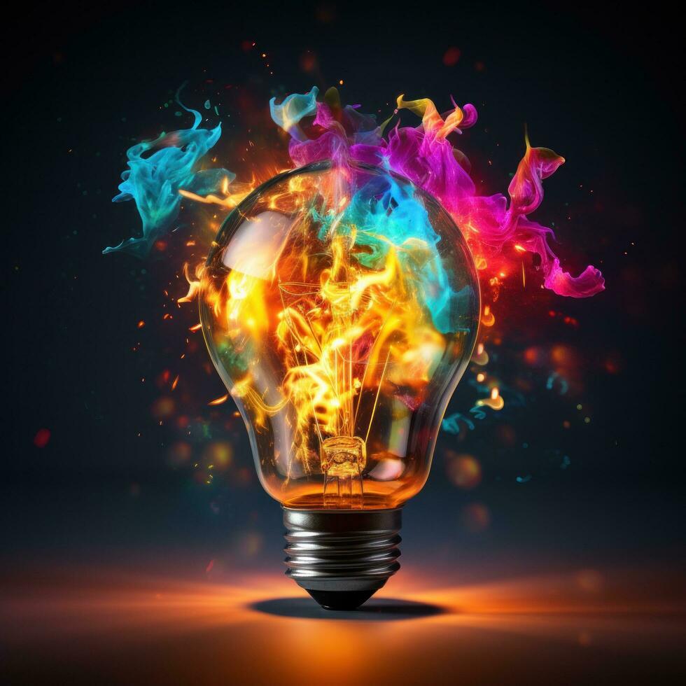 Exploding Colorful Light Bulb Represents New Ideas and Brainstorming Concepts photo