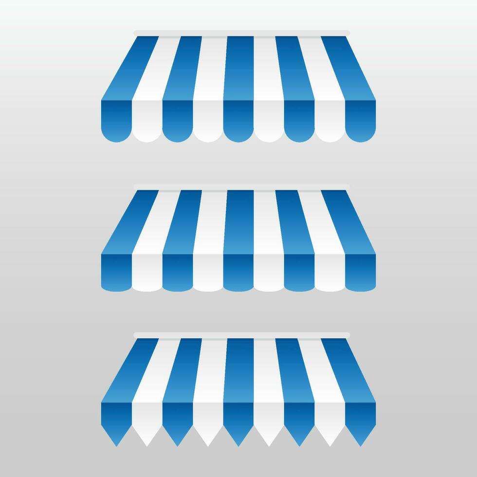 Blue and white sunshade. Outdoor awnings for cafe and shop window vector set. Tent sunshade for market, stripe summer scallop for store illustration
