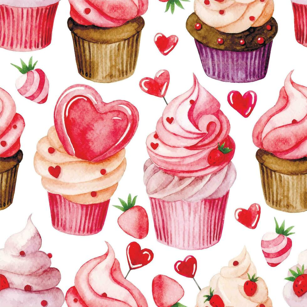 Watercolor drawing, seamless pattern with cute cupcakes with pink cream and hearts. Valentine's Day print. vector