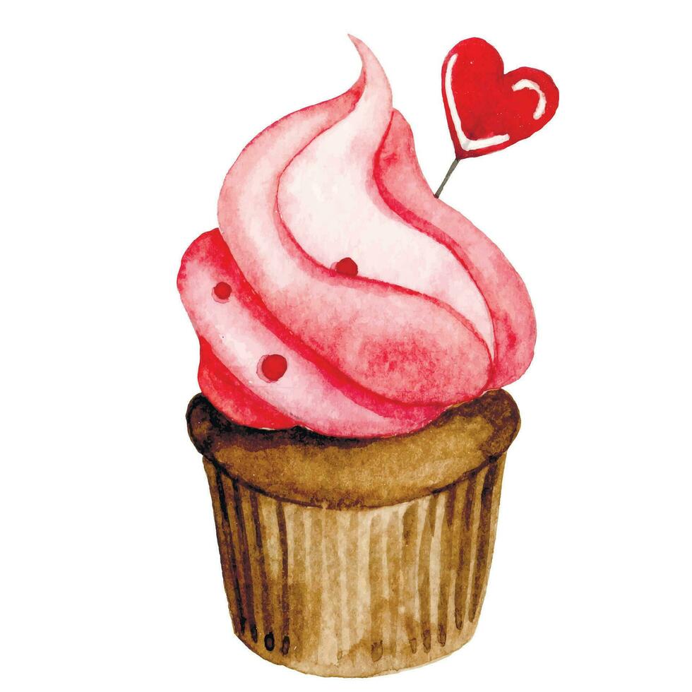 Watercolor drawing, cute cupcake with pink cream and heart. illustration for valentine's day. vector