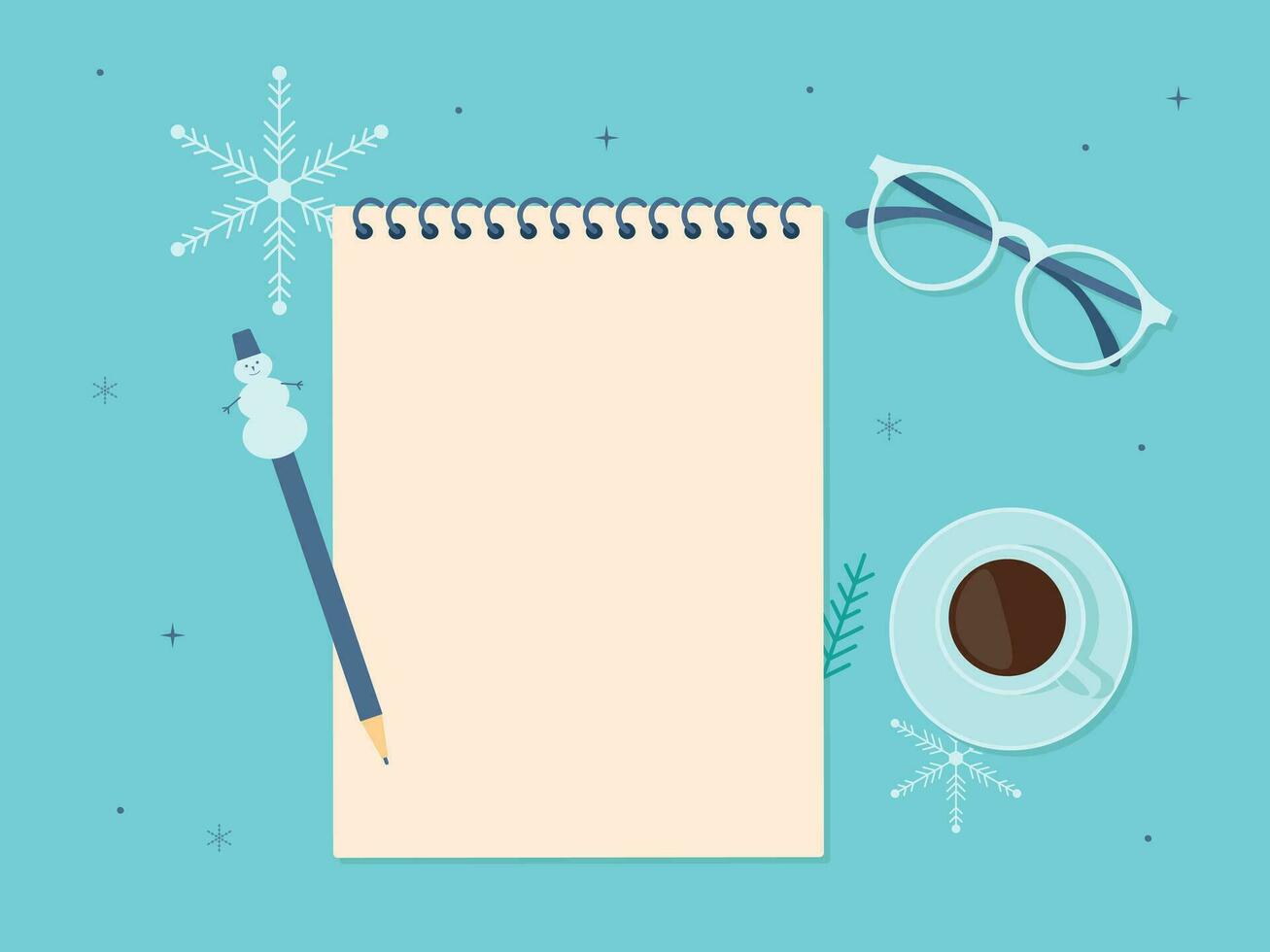 Notepad with pen and copy space top view. Vector winter background with snowflakes
