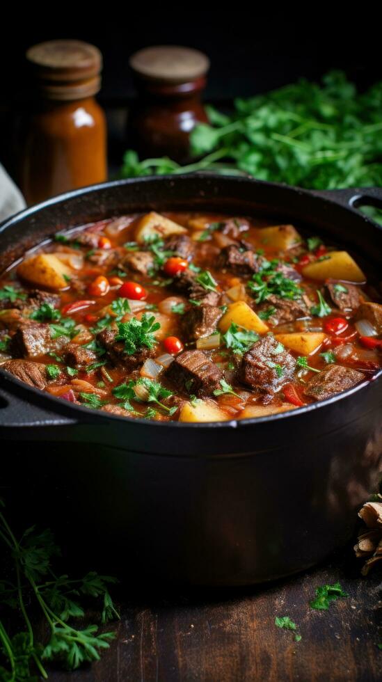 Hearty beef stew with vegetables in a rustic pot photo