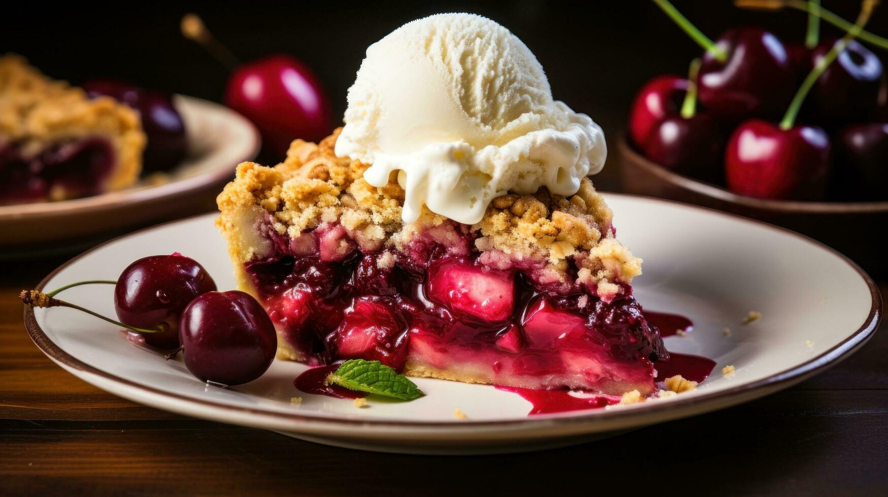 Cherry pie with crumb topping bursting with juicy fruit photo