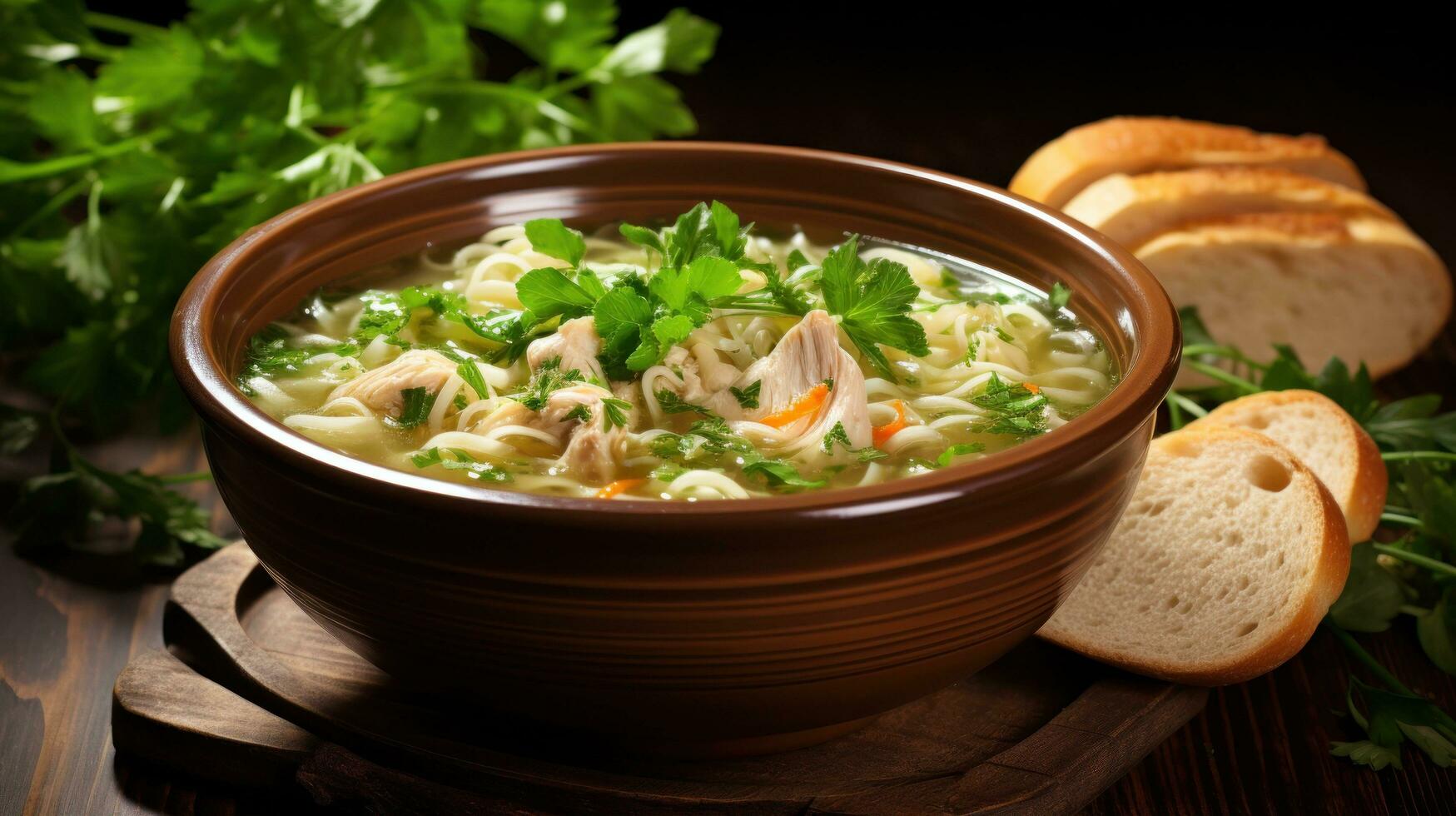 Warm bowl of chicken noodle soup with fresh herbs photo