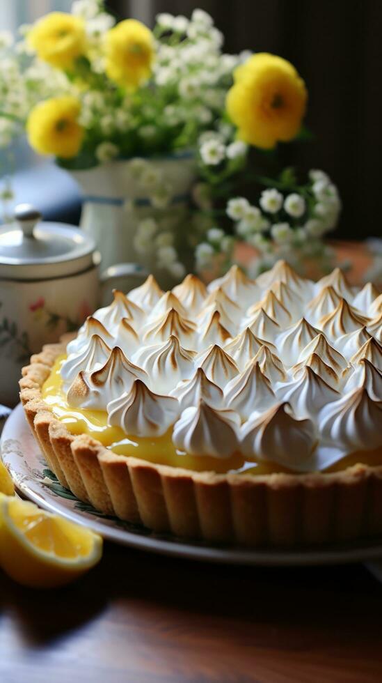 Lemon meringue pie with fluffy peaks, a light and citrusy indulgence photo