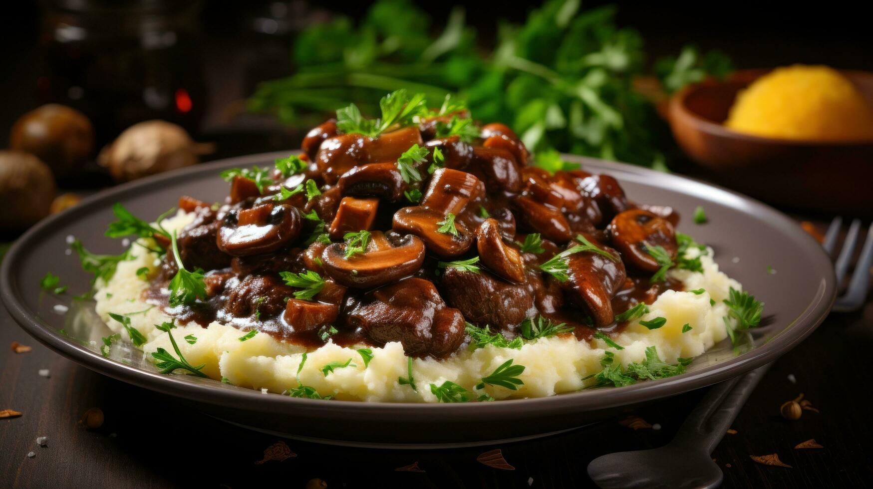 Rico carne de vaca Bourguignon con hongos y rojo vino salsa foto