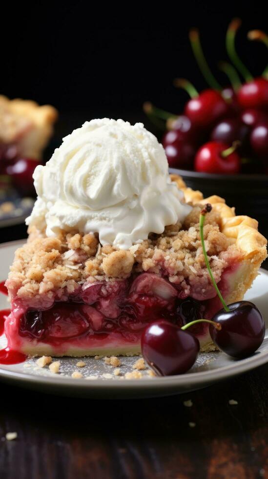 Cherry pie with crumb topping bursting with juicy fruit photo