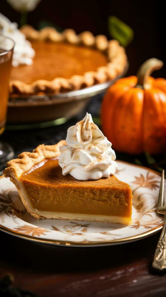 Pumpkin pie with whipped cream, a classic Thanksgiving favorite photo