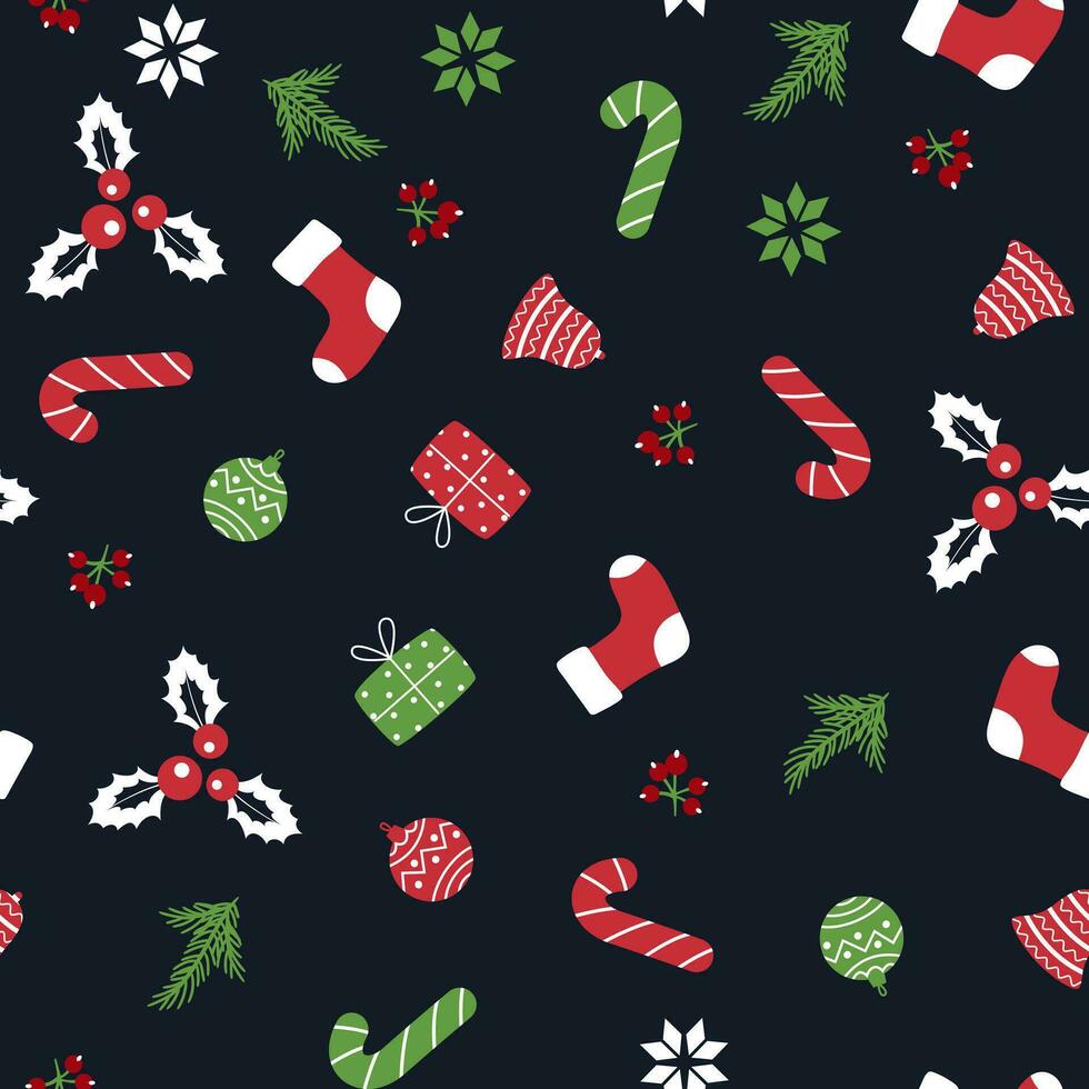 Seamless pattern with pine cone, candy, holly berry and gifts. Vector flat design for wrapper, fabric, wallpaper.