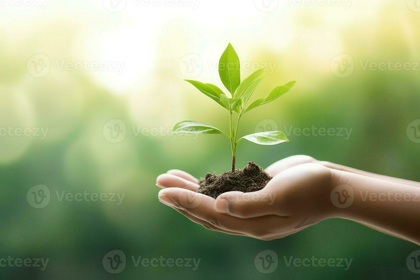 Human hands holding a young plant with green bokeh background. photo