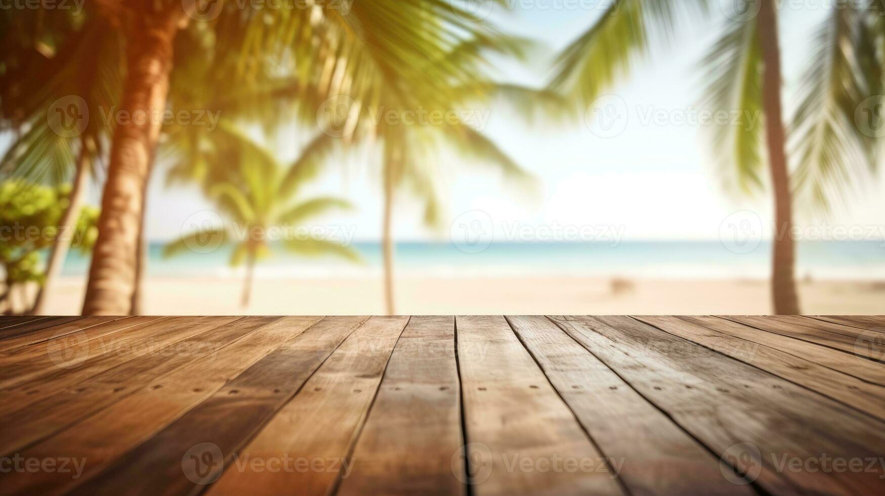 de madera mesa y borroso tropical playa antecedentes foto