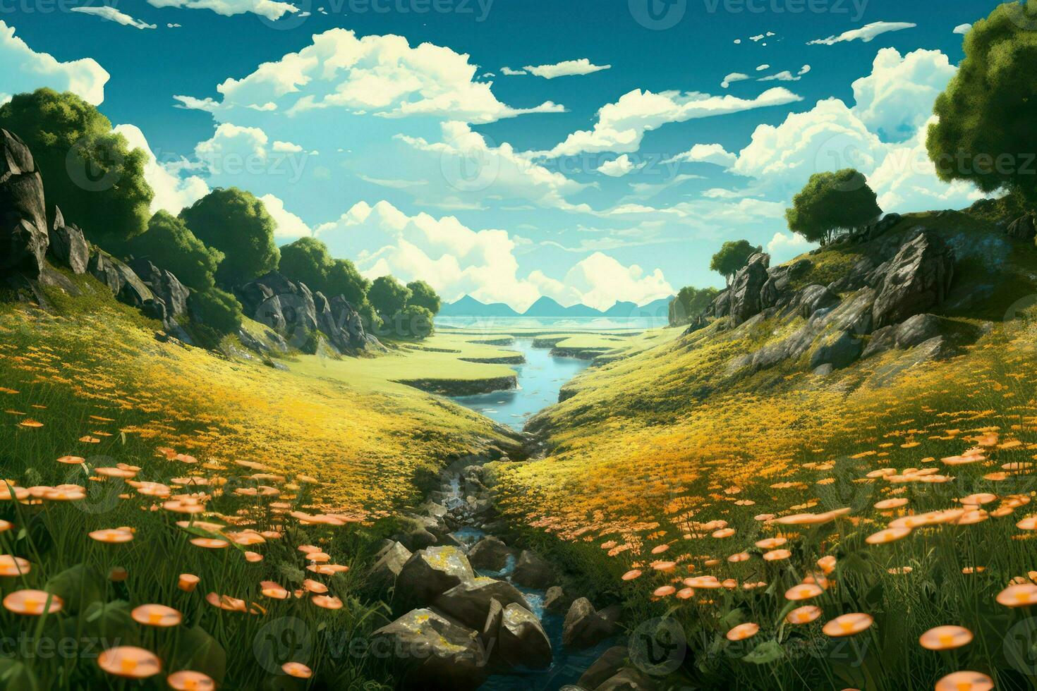 Beautiful spring landscape with river and dandelions photo