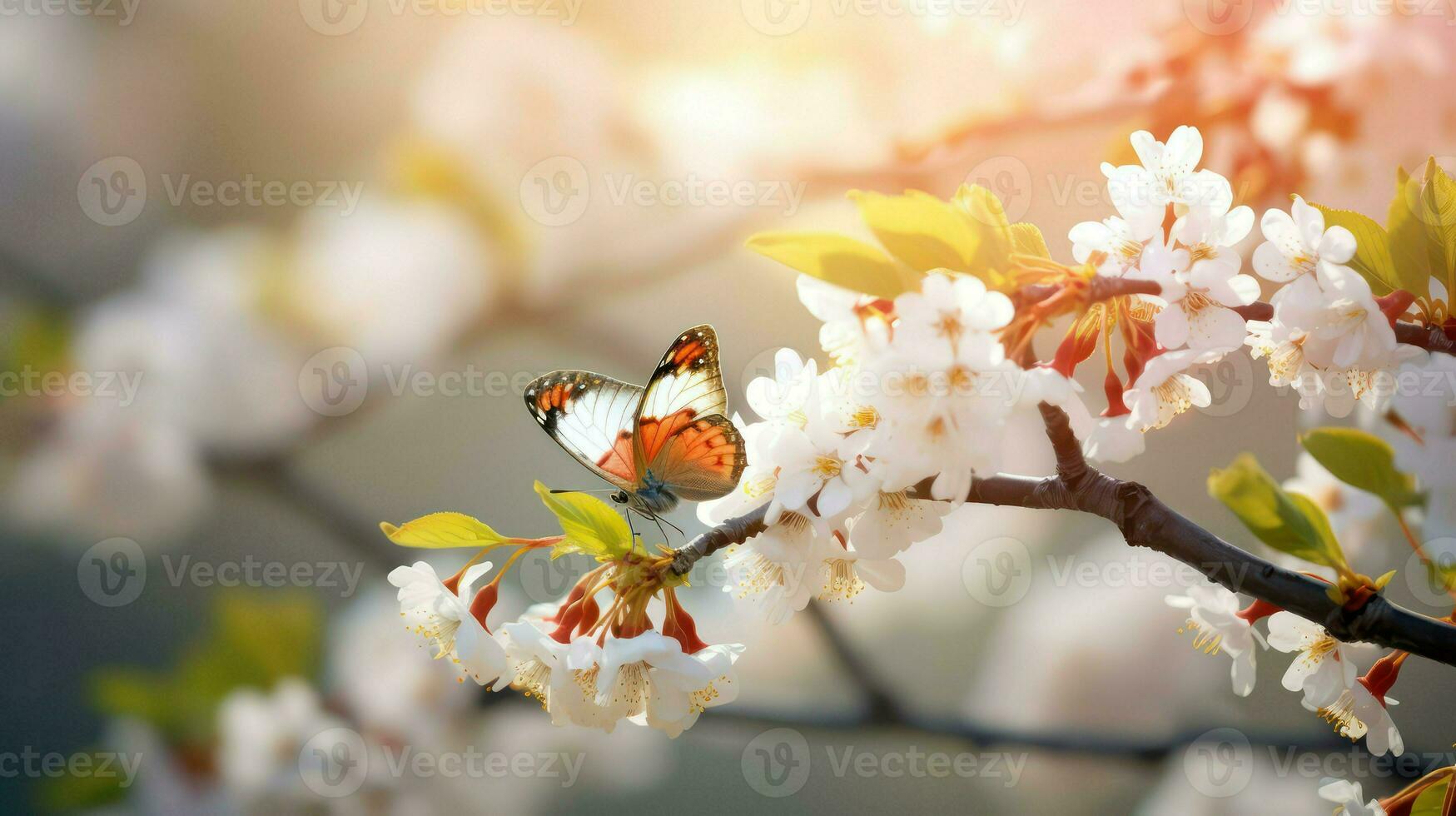 White butterfly on a branch of a blossoming tree. Spring background photo